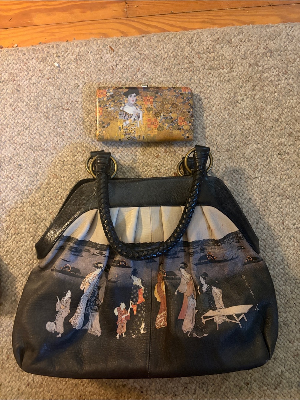 ICON Black and Cream Women's Shoulder Bag with Asian-Inspired Print
